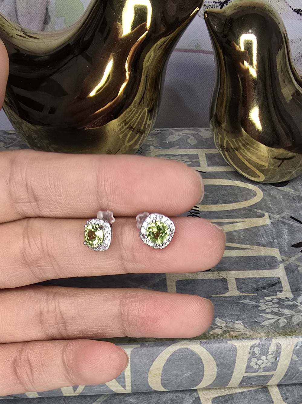 Semi Precious Gemstone Peridot Halo Stud Earrings With S925 backing